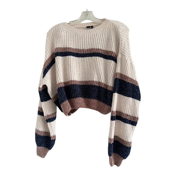 WINDSOR Women’s Cream Blue Brown Striped Cropped Crew Neck Sweater-MEDIUM - Picture 1 of 10
